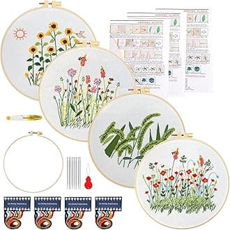 Maydear 4 Packs Embroidery Starter Kit with Pattern, Stamped Cross Stitch Kits for Beginners Adults with Embroidery Hoop and Instructions, Hand Embroidery Kit (A-Embroidery kit Florals)