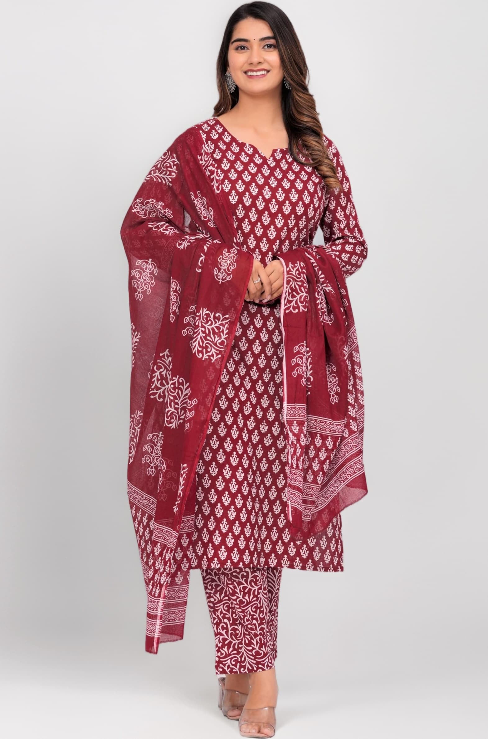 MEERA FAB Women's Cotton Printed Straight Kurta with Palazzo & Dupatta Set