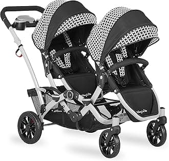 Dream On Me Track Tandem Double Umbrella Stroller in Black & White, Lightweight Double Stroller for Infant and Toddler, Multi-Position Reversible & Reclining Seats, Large Storage Basket and Canopy