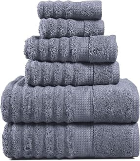 LANE LINENLuxury Ribbed Bath Towels - 100% Cotton Towels for Bathroom, Zero Twist, Textured Shower Towel, Absorbent, Quick Dry, 2 Bath Towels, 2 Hand Towels, 2 Wash Cloths (6 Piece Set) - Cool Grey