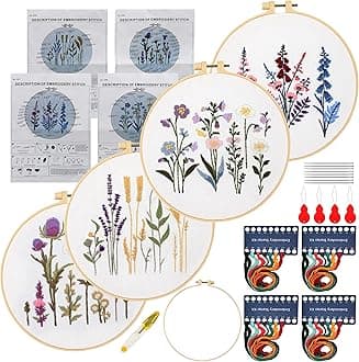 Maydear 4 Packs Embroidery Starter Kit with Pattern, Stamped Cross Stitch Kits for Beginners Adults with Embroidery Hoop and Instructions, Hand Embroidery Kit (Many Flowers)