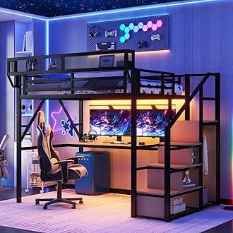 Mirightone Full Loft Bed with Desk and RGB Light, Metal Loft Bed Frame with Stairs and Bedside Shelf, Heavy-Duty Lofts Beds with Storage Shelves and Wardrobe for Kids Teens, Black