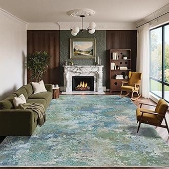 Area Rugs 10x14 Machine Washable Rug for Bedroom Living Room Dining Room, Large Modern Abstract Soft Rugs, Indoor Low Pile Carpet with Non Slip Rubber Backing, Abstract Blue Green