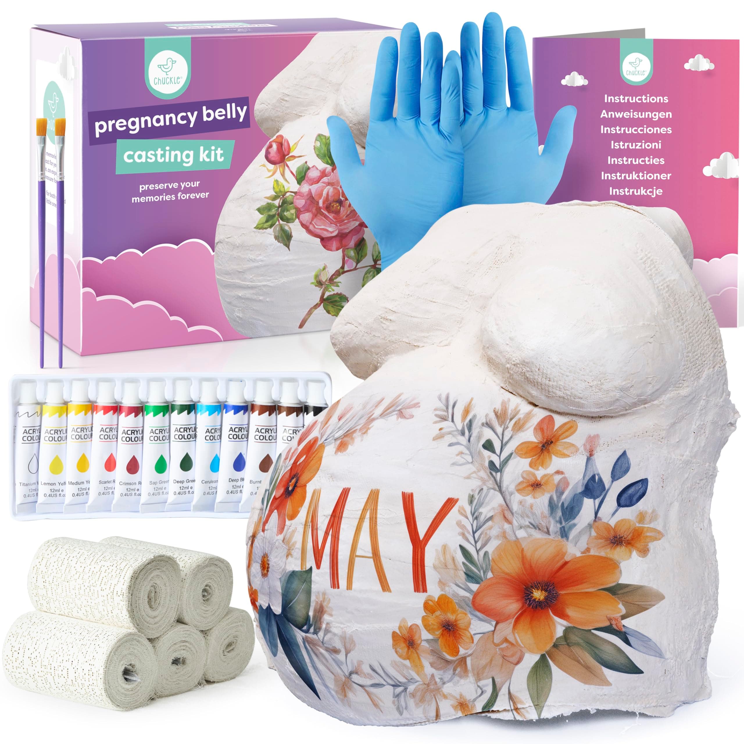 Chuckle Baby Bump Casting Kit for Creating a 3D Model Keepsake of Pregnant Belly, Easy DIY Pregnancy Casting Kit for Expecting Mums, with Paints