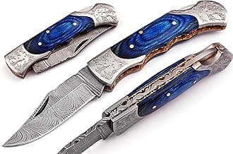 Hand made Damascus steel blade Folding/Pocket Hunting knife , Razor Sharp Edge with leather sheath 5170 (Blue) knives for men best gift