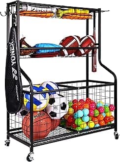 Fitvids Signature Fitness Garage Sports Equipment Organizer, 3-Tier with Large Base, Black, Steel, Sports Gear Storage, Garage Organizer with Baskets and Hooks, Rolling Sports Ball Storage Cart