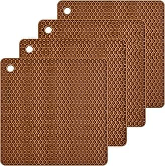 Smithcraft Brown Silicone Trivets Mats Square Silicone Rubber Pot Holder Trivet Mat for Hot Pan and Pot Hot Pads Counter Mat Heat Resistant Tablemat or Placemats 4 Pack,Size:7.5x7.5 Inch