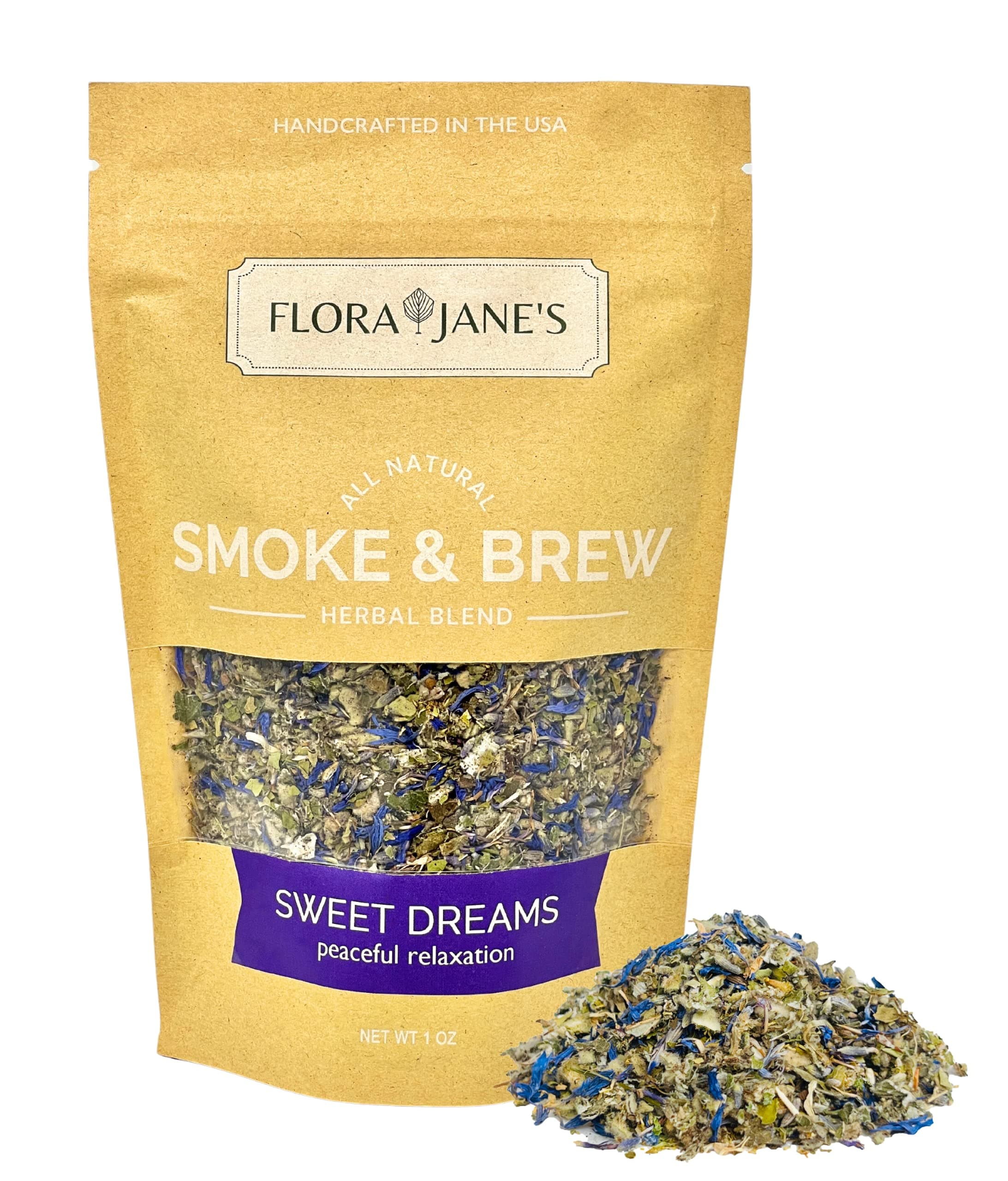 Herbal Blend for Smoke and Tea - Smoke & Brew Sweet Dreams for Relaxation and Sleep - Lavender and Chamomile - Organic and Wildcrafted Herbs - 1oz