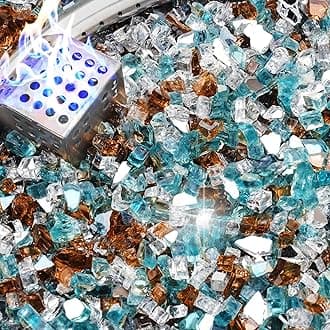 NUPICK 20 Pound Fire Glass, 1/4 Inch Reflective Fire Pit Glass, Tempered Firepit Glass Rock for Propane or Natural Gas, Glass Rocks for Fire Pit Table or Fireplace, Aqua Blue & Copper & Platinum Mix