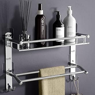 GLOXY Stainless Steel Multipurpose 2 Layer Shelf Adhesive Organizer for Bathroom Shelf with Double Towel and Loofa Holder Bathroom Accessories