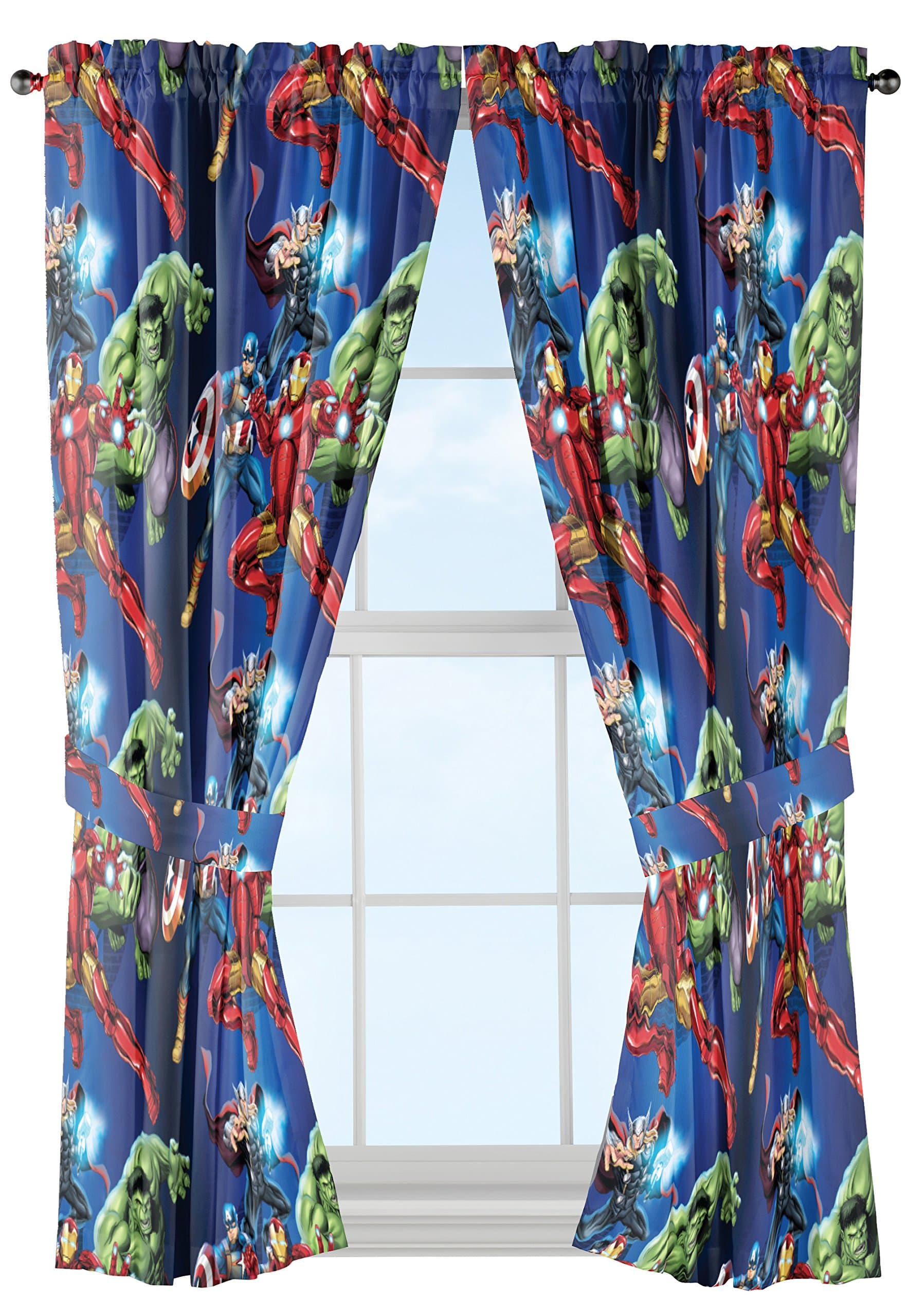 Jay Franco Marvel Avengers Blue Circle Microfiber Curtain Panel Pair with Tiebacks Set, 84 inches wide (42 inches/panel) 63 inches long