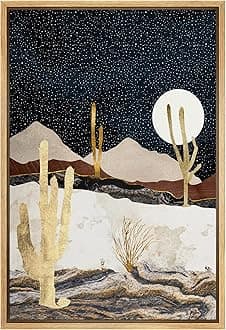SIGNFORD Framed Canvas Print Wall Art Golden Marble Desert with Cacti at Night Abstract Wilderness Digital Art Modern Art Southwest Colorful for Living Room, Bedroom, Office - 16"x24" Natural
