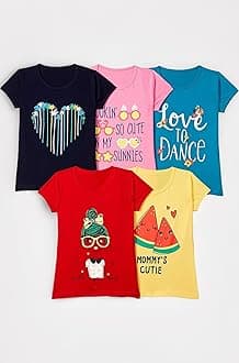 Girls Cotton Printed Regular Fit T-Shirt (Pack of 5)