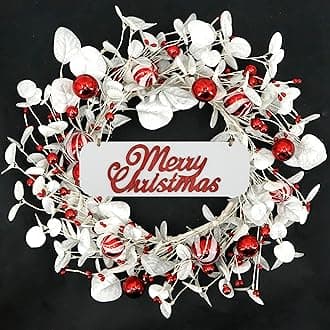 20 inch Artificial Christmas Eucalyptus Wreaths Winter Wreath with Christmas red Ball,Eucalyptus Leaves,red Berry for Indoor Outdoor Farmhouse Home Wall Window Festival Wedding Decor