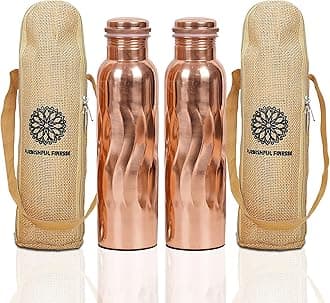 Copper Water Bottle For Drinking Pure Copper Bottle 1000 ml Copper Vessel With Carrying Bag For Sports, Yoga, Ayurvedic Copper Bottle for Gym,Office,Hiking - Pack of 2, (Natural Curve Bottle)