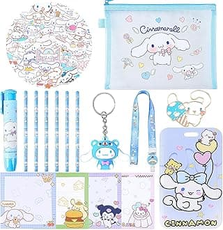 Cute School Supplies, Kawaii Stationary Set, Including Stickers, Pencils, Pen-Style Eraser, Sticky Note, Lanyard with ID Badge, Back to School Gift for Girls Boys Kids