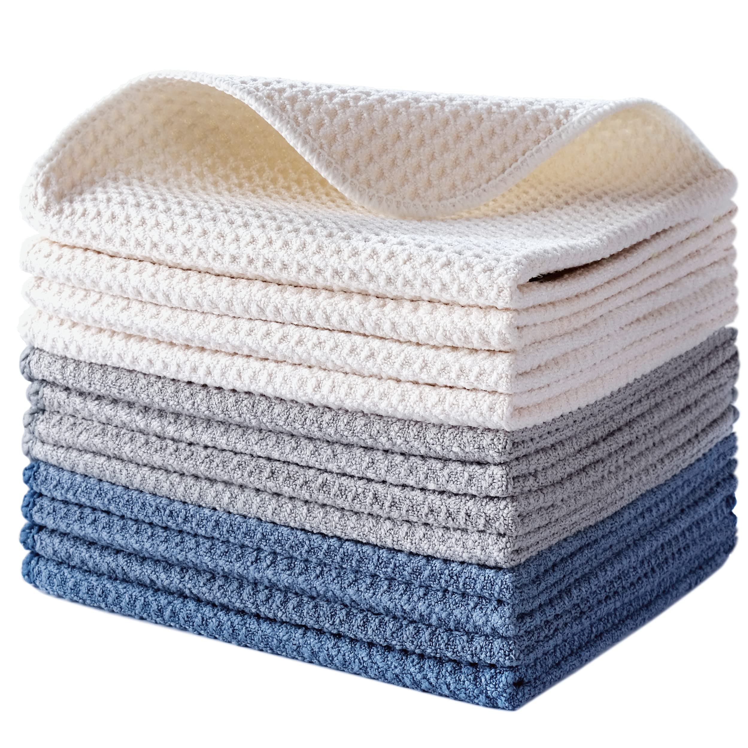 POLYTE Premium Microfibre Kitchen Dish Cloth Waffle Weave (Dark Blue, Gray, Off White, 30x30 cm) 12 Pack