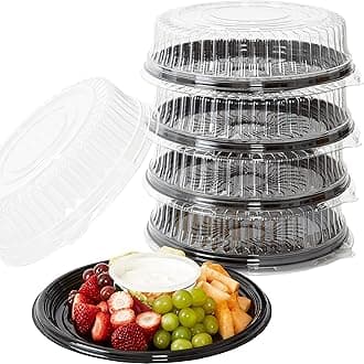 Heavy Duty, Recyclable 12 in. Serving Tray and Lid 5pk. Large, Black Plastic Party Platters with Clear Lids. Elegant Round Banquet or Catering Trays for Serving Appetizers, Sandwich and Veggie Plates