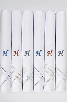 Caruso Italy Men's Initial Monogram (A-Z) Embroidery 100% Pure Cotton Handkerchief White Base With Colored Border - Pack Of 6