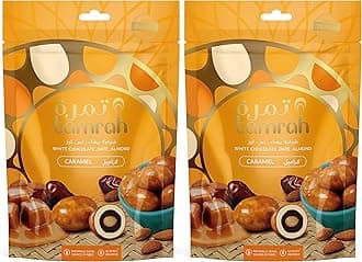 Tamrah Caramel Chocolate Dates and Almonds Zipper Bag 100gm, Buy 2. Ideal for Sharing, Gifting, Kids’ chocolate, Perfect for any Occasion.