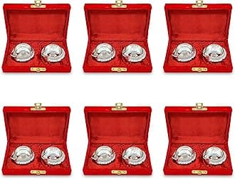 BENGALENSilver Plated Kuber Diya with Red Velvet Gift Box Pooja Items Diwali Decoration Puja Gifts Handmade Daily Oil Lamp Traditional Indian Deepawali Gift Items 6 Pcs
