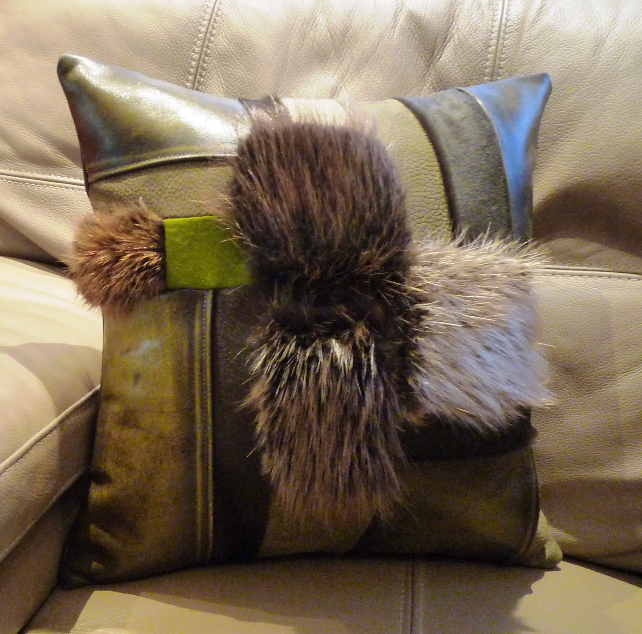 Genuine Leather Accent Pillow -"Abstract- Beaver"