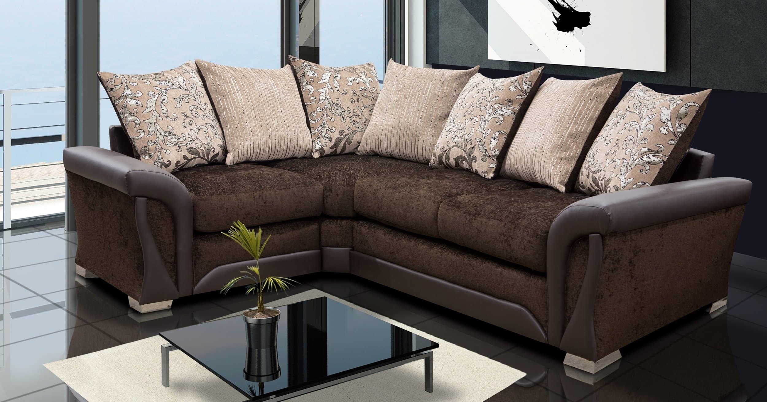 Sharon Fabric Corner Sofa Black Chenille Leather Left Hand Side Living Room Suite (Brown)