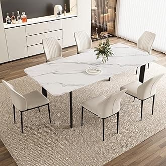Extendable Dining Table Set for 6-8 People, 63 to 78.7 Inch MDF Kitchen Table with 6 Upholstered Chairs, Space-Saving for Dining Room, Breakfast Nook(White Table & 6 White Chairs)