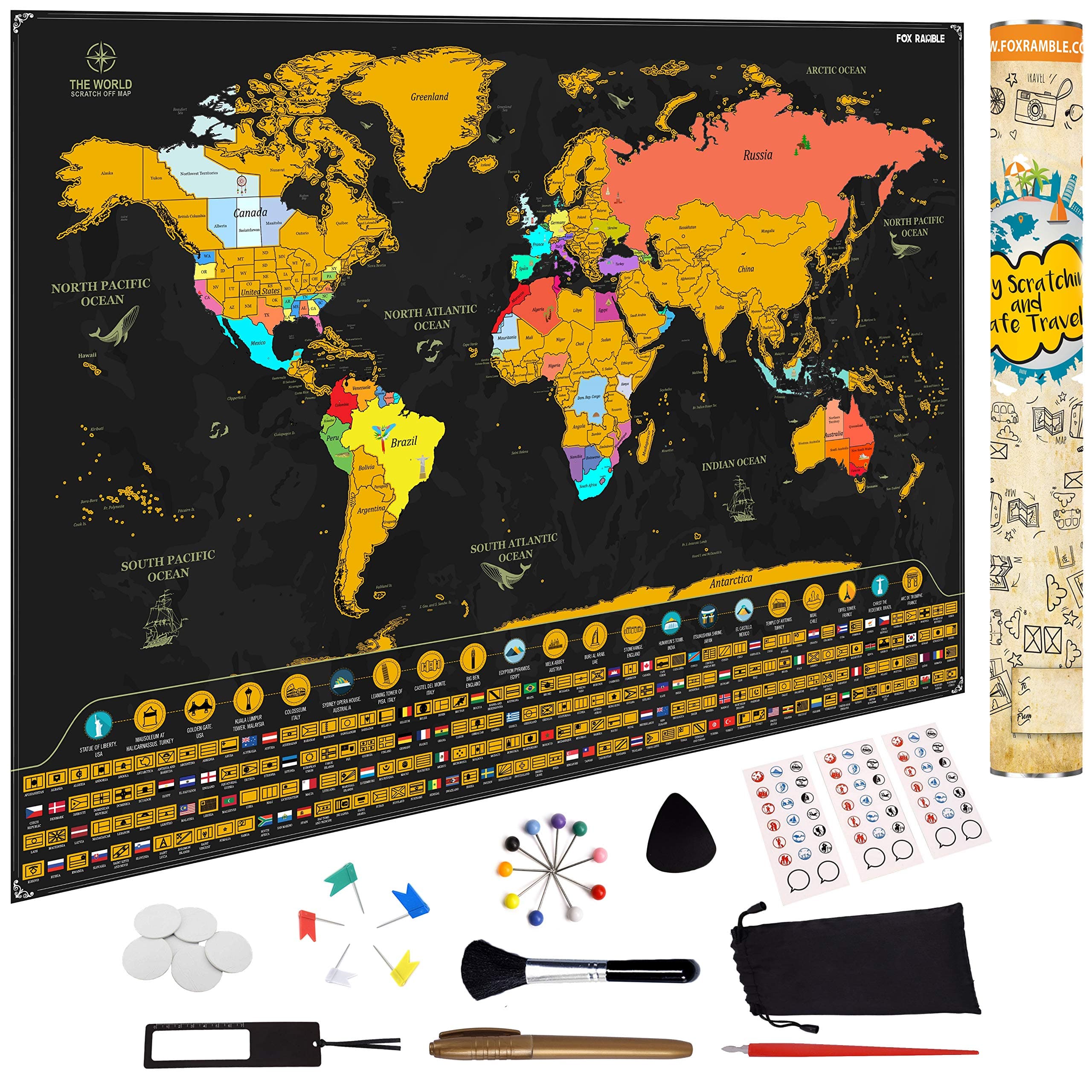 Fox Ramble Scratch off World Map - Enjoy, Track and Share Your Adventures - Large Scratch Travel Poster 17x24. Best Idea for Travelers