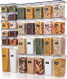 32pcs Airtight Food Storage Containers Set, BPA Free Plastic Kitchen and Pantry Organization Canisters with Lids for Cereal, Dry Food, Flour and Sugar, Includes 32 Labels