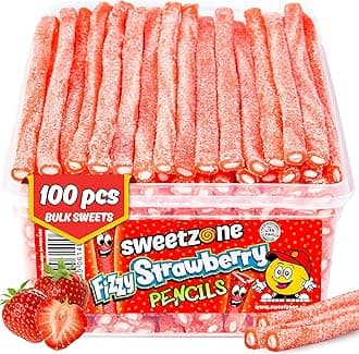 Fizzy Strawberry Pencils, Sweet Tub 100 pcs, Retro Sweets Tub, Candy Sticks, Halal Sweet, Sweets Bulk, Gummy American Candies, UK British Candy Enthusiasts