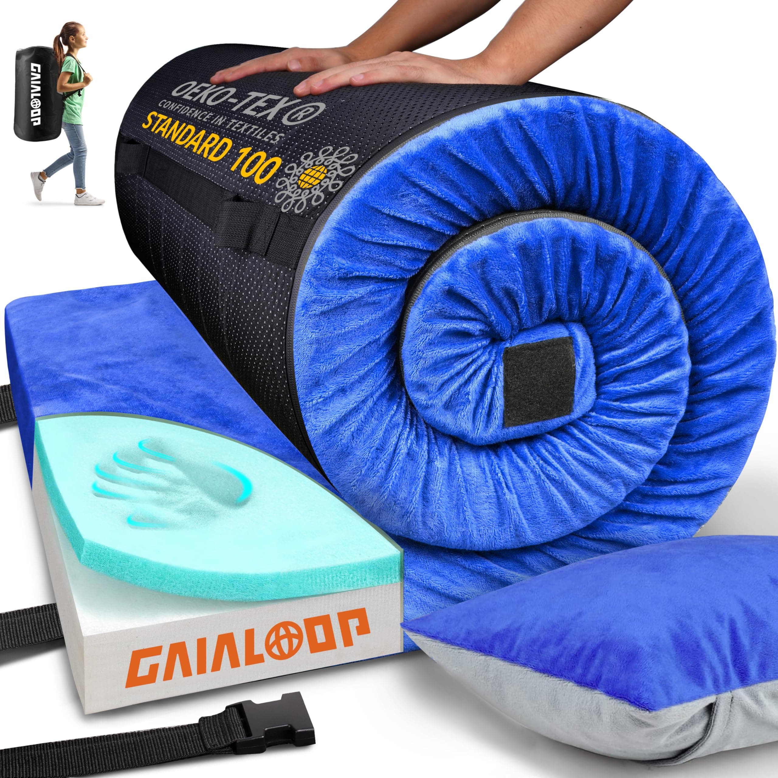 3 Inch Memory Foam Camping Mattress, Dual Layer Thick Sleeping Camp Pad for Car Tent Cot, Roll-Up Portable Glamping Floor Bed for Guests Sleepover