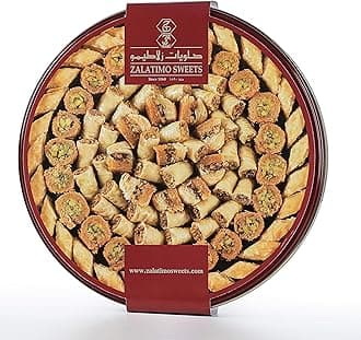 Zalatimo Sweets Since 1860 Middle Assorted Eastern Delight Baklava - Handmade with Pistachio, Walnut, Cashew - No Preservatives or Artificial Colors/Flavors - Round tin 2.2lbs - Birthdays, Weddings, Holidays