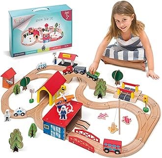 KipiPol Train Set - 69 Pieces Wooden Train Tracks & Trains for Kids