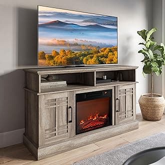 BELLEZE TV Stand 48 Inch with Electric Heater for Stove Modern TV Stand for TVs up to 50" Multimedia Stand Including