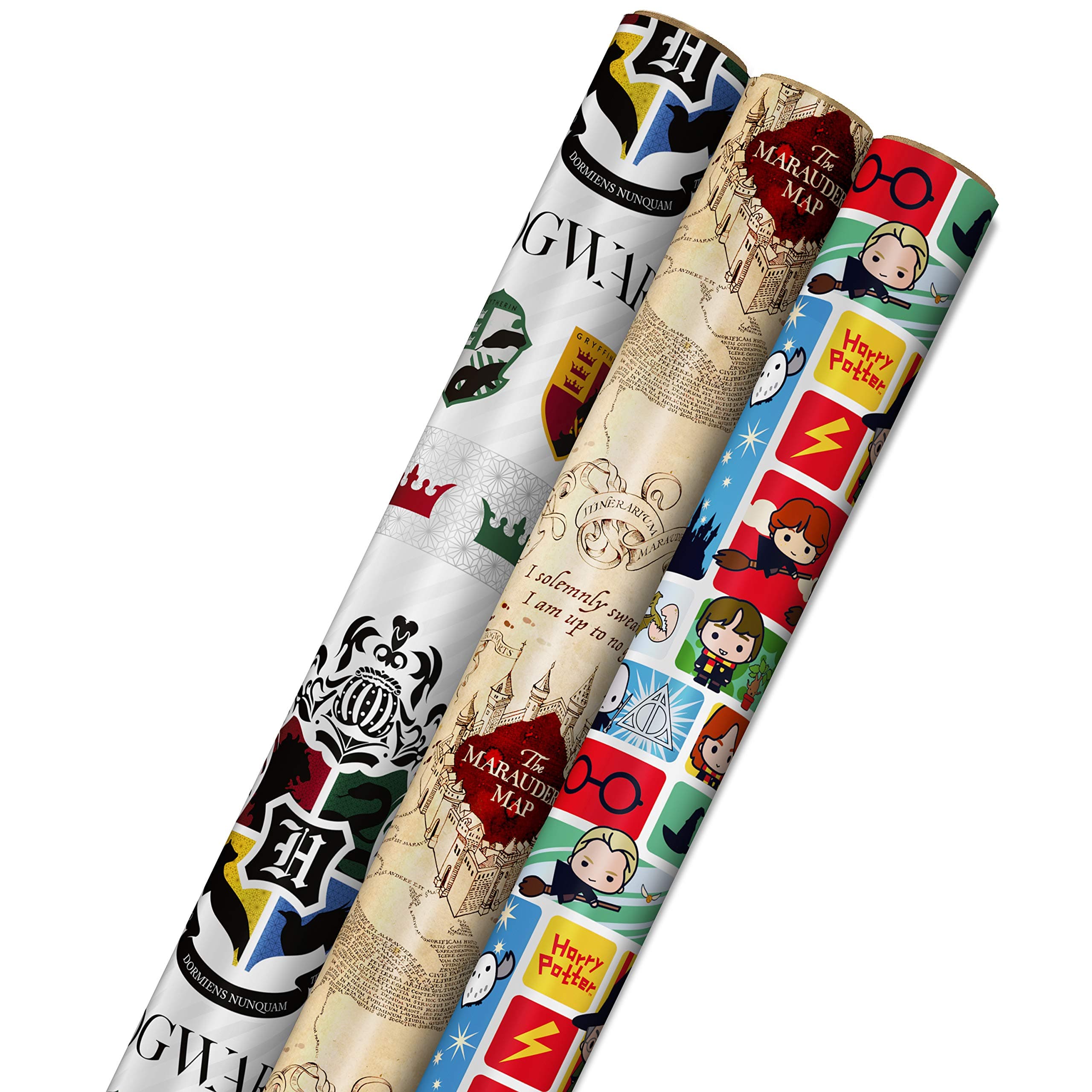 Harry Potter Wrapping Paper with Cut Lines on Reverse (3-Pack: 60 sq. ft. ttl; Marauder's Map, Hogwarts Crest) for Birthdays, Graduations, Christmas, Valentine's Day