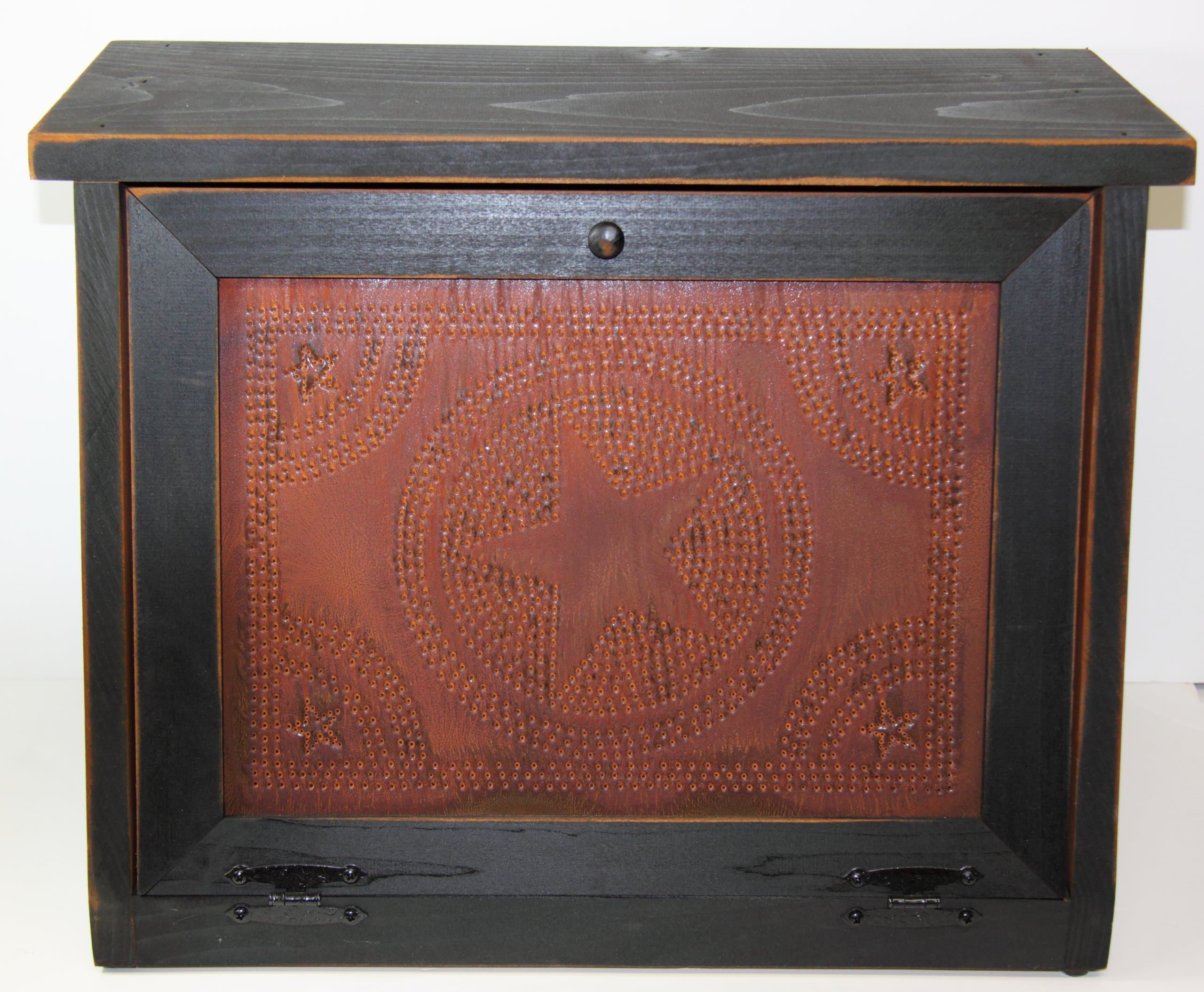 Country Rustic Primitive Bread Box with Rusty Star Design Punched Tin Black