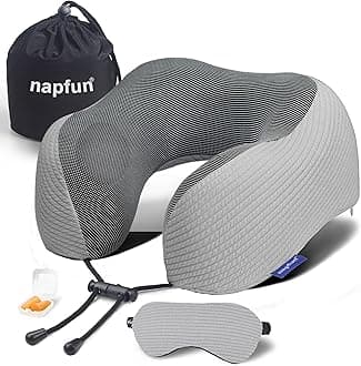 napfun Neck Pillow for Traveling, Upgraded Travel Neck Pillow for Airplane 100% Pure Memory Foam Travel Pillow for Flight Headrest Sleep, Portable Plane Accessories, Striped Light Grey Set