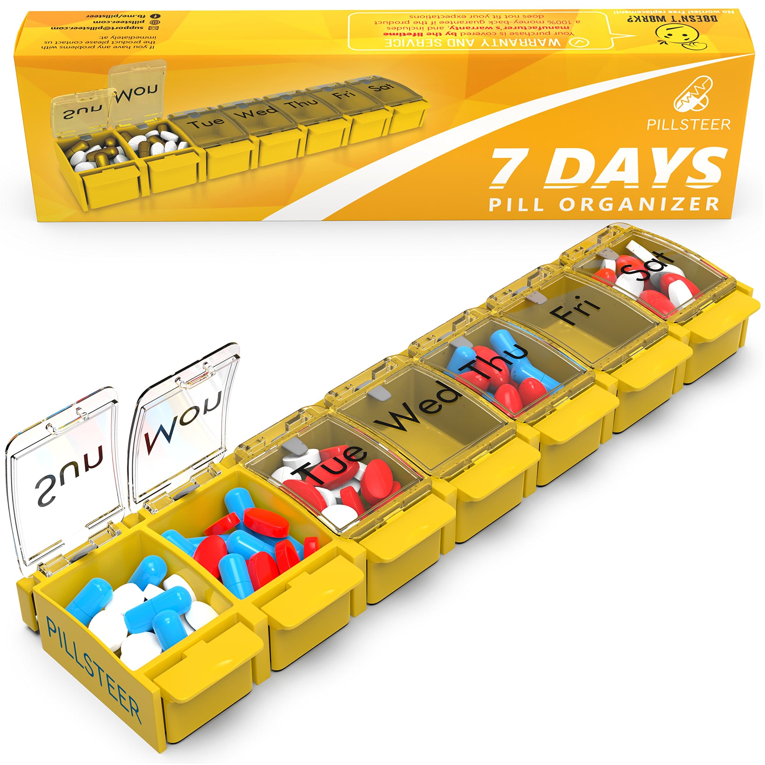 Weekly Pill Organizer Vitamin Holder - Large Pill Container Box - Easy Open Medication Dispenser Case, Large Medicine 7 Day Box - Vitamin Organizer Large 7 Compartments (Yellow)