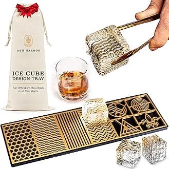 Ice Designer Tray – Craft Modern Ice Molds for Whiskey, Bourbon, & Cocktails in 5 Seconds – Whiskey Ice Mold Ice Cube Stamp – Bartender Accessories for Clear Ice Cocktails by Ash Harbor (Patterns)