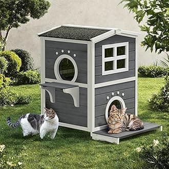 DWVO Large Two-Story Outdoor Cat House for 2 Cats, Solid Wood Feral Cat Shelter Weatherproof with Escape Door & Openable Asphalt Roof, 2 Story Outside Cat Condo with Windows for Small Animals, Grey