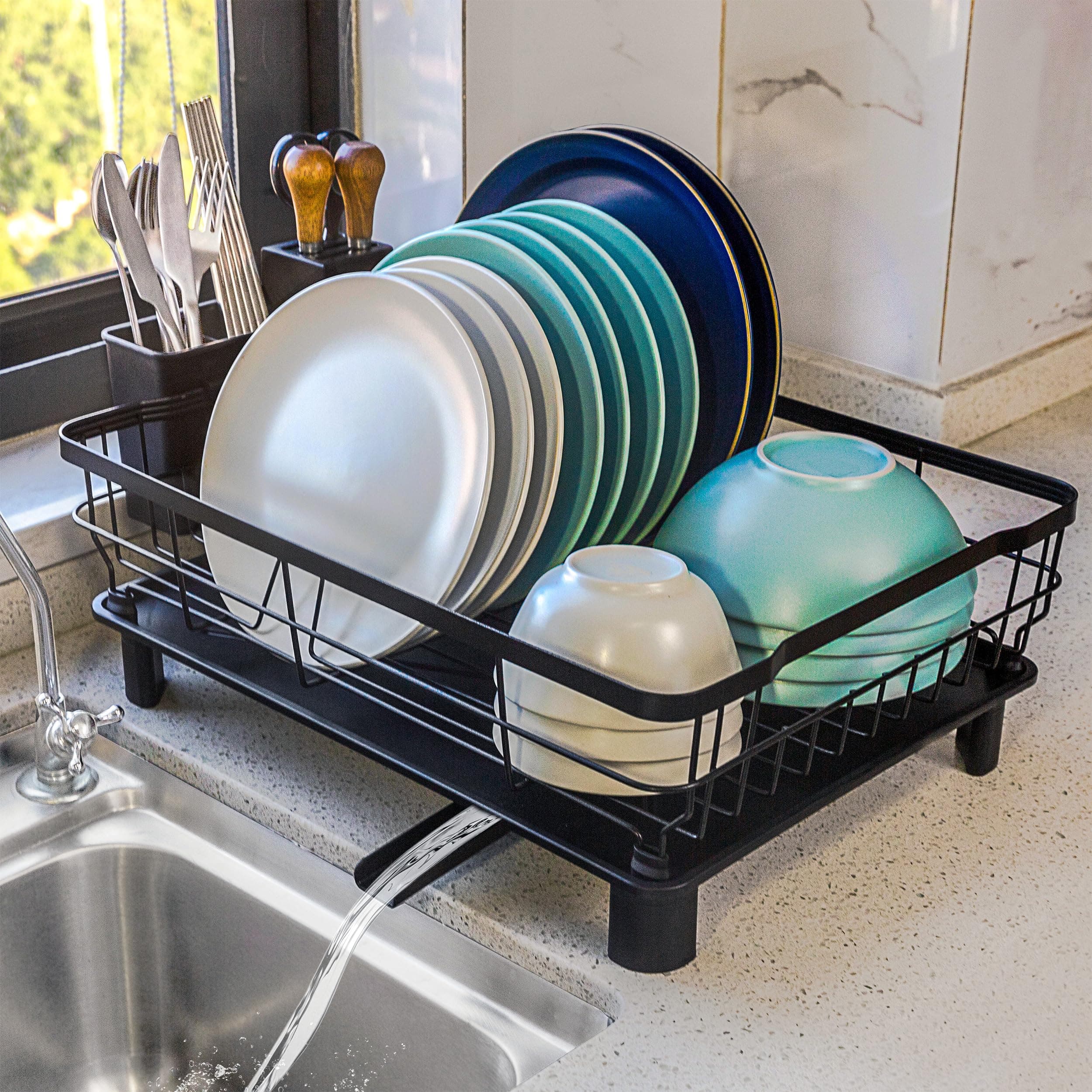 Dish Drying Rack for Kitchen Counter,Space-Saving Dish Rack with Drainboard,Rustproof Countertop Dish Drainer with Utensil Holder for Sink,Black