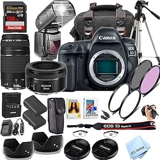 Canon EOS 5D Mark IV DSLR Camera with 50mm STM & 75-300mm Lenses + TTL Spped Light Flash + 128GB Extreme Speed Memory, Filters, Case, Tripod + More (Pro Photo Bundle) (Renewed), Black