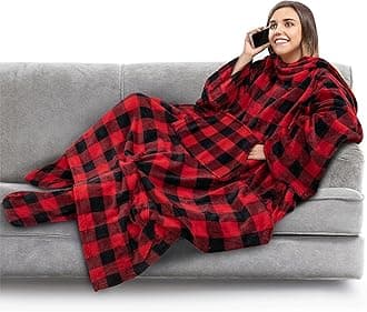 PAVILIA Fleece Blanket with Sleeves and Foot Pockets for Adult Women, Men | Wearable Fleece Throw Wrap, Warm, Cozy, Extra Soft for Sofa Couch Lounging Gaming (Checkered Red)