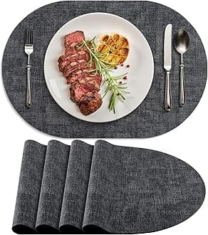 Placemats for Dining Table Set of 4 Non-Slip, Heat Resistant Oval Leather Placemat Double Layer, Waterproof Table Mats Easy to Clean for Kitchen Dining Room Coffee Office Table, Charcoal