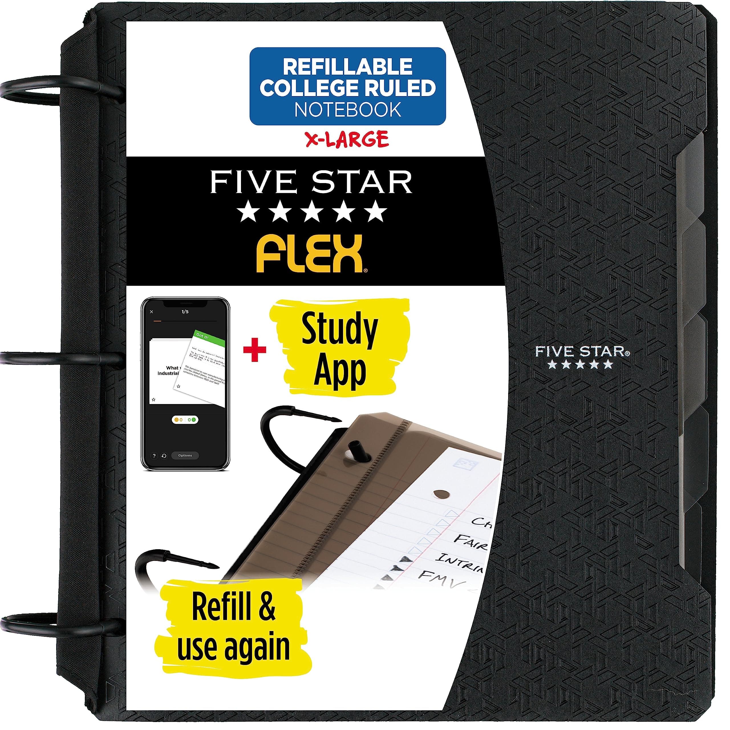 Flex Refillable Notebook + Study App, College Ruled Paper, 1-1/2 Inch TechLock Rings, Pockets, Tabs and Dividers, 300 Sheet Capacity, Black (29324AA2)