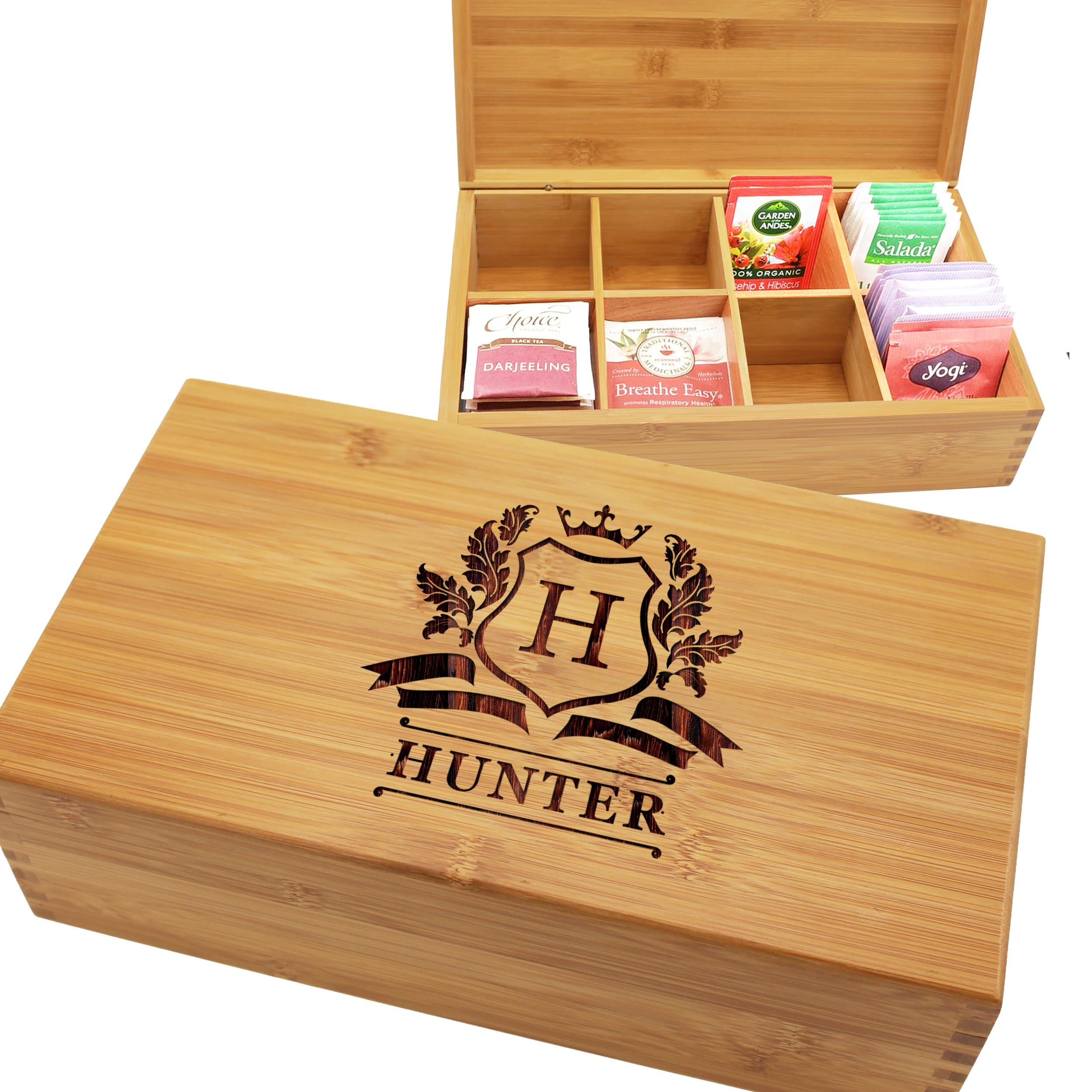 Custom Personalized Wood Tea Box Caddy Organizer - Engraved Bamboo Tea Storage Holder