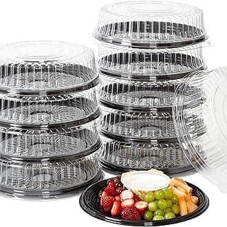 Heavy Duty, Recyclable 12 In. Serving Tray and Lid 10pk. Large, Black Plastic Party Platters with Clear Lids. Elegant Round Banquet or Catering Trays for Serving Appetizers, Sandwich and Veggie Plates