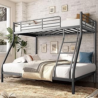 Twin Over Full Bunk Beds with High Guardrail and Build in Ladder, Heavy Duty Bunk Bed Twin Over Full Size, Metal Bunk Bed No Box Spring Needed, Black Bunk Beds Twin Over Full