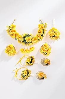ZENEME Jewellery Flowers Jewellery Set For Haldi Gota Patti Necklace, Earrings, Bracelet & Maang Tika for Women & Girls (Mehandi/Haldi/Wedding/Bridal/Baby Shower)